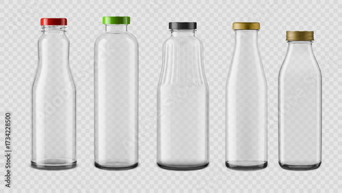 Realistic empty glass juice bottles. 3d vector set of transparent glass bottles with colored plastic and metallic screw caps. Mockups for packaging, beverage branding, or drink product presentations