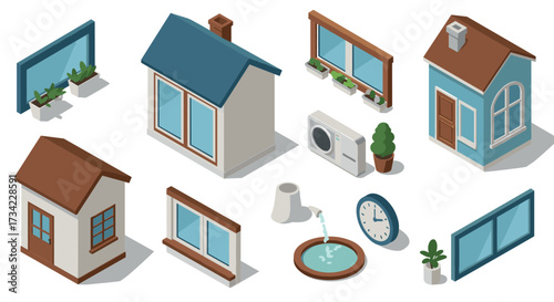 Modern isometric home elements with windows, doors, and planters
