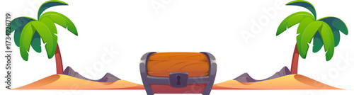 Marine and nautical divider, pirate and corsair border frame, piracy decoration featuring cartoon treasure chest between tropical palm trees on a sandy island. Vector separator for party invitations
