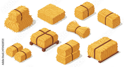 Collection of isometric hay bales on white background for agriculture and farming design