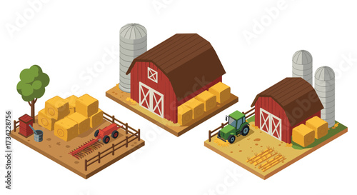 Isometric farm elements with barns, tractors, and hay bales for rural design