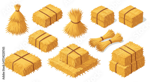 Isometric hay bale collection: varied bundles and stacks for farm scenes