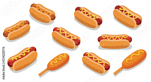 Delicious assortment of isometric hot dogs and corn dogs with mustard