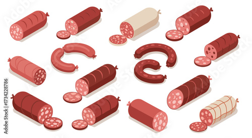 Variety of isometric meat sausage designs in red and beige tones on white background