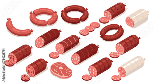 Assorted sausages and meats in isometric style  a variety of gourmet delicacies