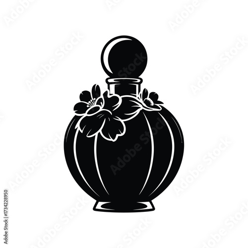 Elegant black silhouette of a vintage perfume bottle with floral accents