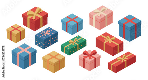 Colorful isometric gift boxes with ribbons and patterns for celebrations