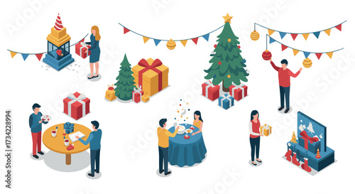 Festive isometric christmas scene with decorations, gift boxes, and people celebrating