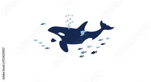 Playful orca swimming with fish in minimalist ocean scene
