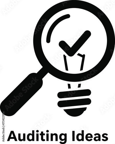 Magnifying glass over lightbulb with checkmark auditing ideas