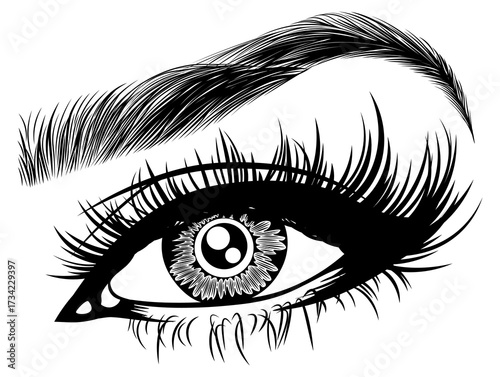 Illustration with woman's eye, eyelashes and eyebrow. Makeup Look. Tattoo design. Logo for brow bar or lash salon.