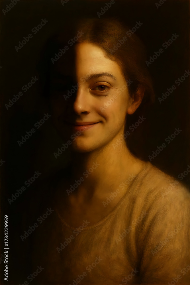 Fototapeta premium A young woman with long hair wears a light top and smiles subtly, her face dramatically lit with deep shadows and highlights against a dark background.