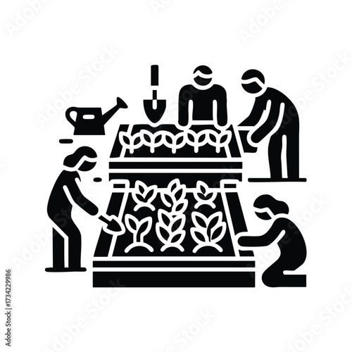 Group of people working together in a community garden planting and tending to various plants and flowers on multiple levels