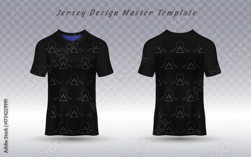 T-shirt mockup with a black body and subtle geometric triangles and circles pattern. Perfect for custom e-sports jerseys, modern activewear, or branded apparel with a sleek, technical look.