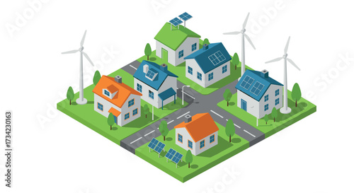 Sustainable eco-friendly town with solar and wind energy in isometric design