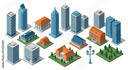 Isometric urban buildings collection with diverse architectural styles