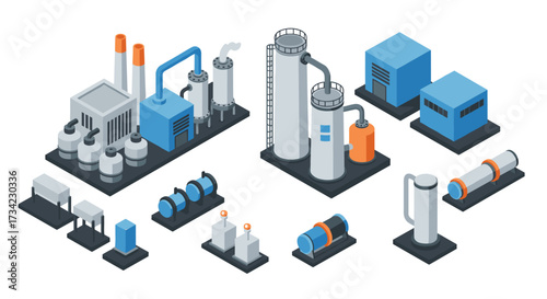 Isometric industrial plant elements with machinery and storage tanks