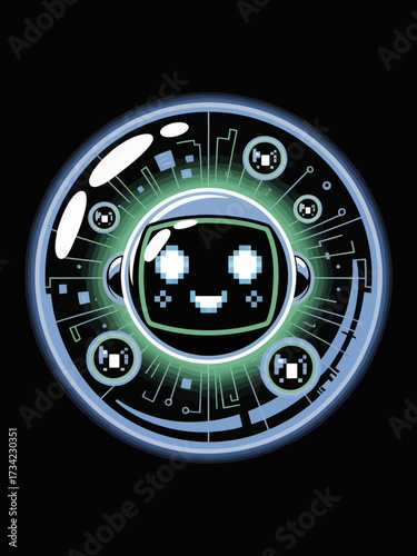 A shiny sphere with a chibi-style AI core inside, surrounded by floating holograms and circuit-like patterns. The core has a smiley face with pixel eyes, glowing softly in blue and green.