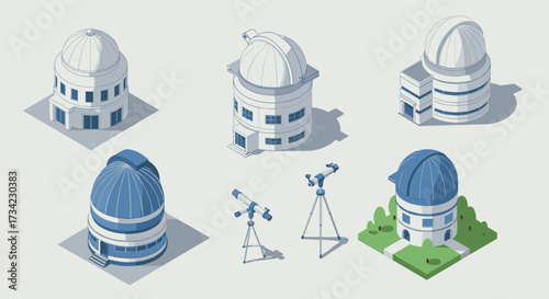 Isometric observatory designs featuring telescopes and dome structures for science projects