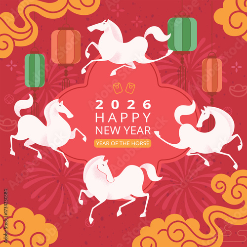 2026 Chinese Lunar New Year flat design style illustration, Year of the Horse zodiac, festive cover, social media, card or banner template