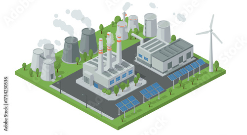 Renewable and non-renewable energy sources in isometric design with wind turbines and solar panels