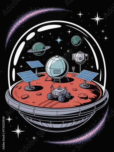 A glass dome floats in deep space, containing a Chibi-style Martian colony with small habitation pods, solar panels and a small rover leaving tracks.