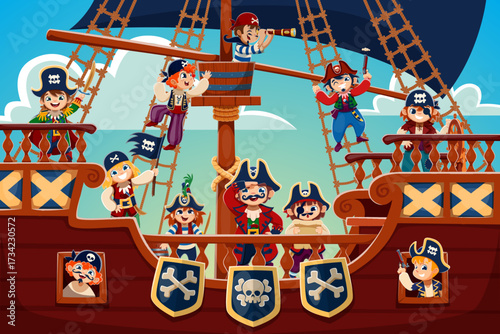 Kids pirate characters on sail ship. Cartoon vector cheerful children corsairs on large wooden ship with flags, cannons and sails, showing pirate crew climbing ropes, hold swords, maps and telescopes