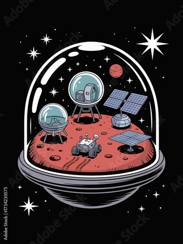 A glass dome floats in deep space, containing a Chibi-style Martian colony with small habitation pods, solar panels and a small rover leaving tracks.