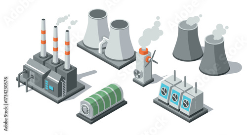 Industrial plant isometric icons set featuring factories and power stations