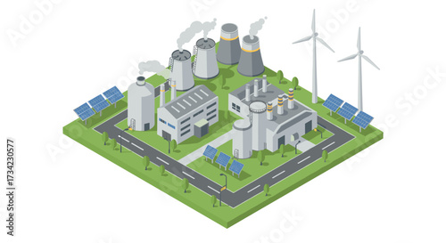 Sustainable energy facility with wind turbines and solar panels in isometric design