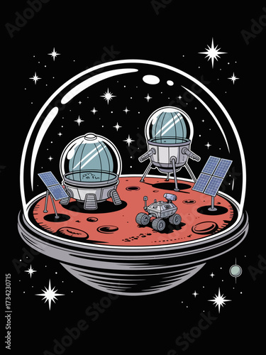 A glass dome floats in deep space, containing a Chibi-style Martian colony with small habitation pods, solar panels and a small rover leaving tracks.