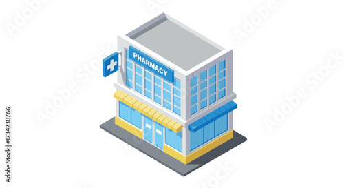 Isometric pharmacy building with modern facade and blue signage