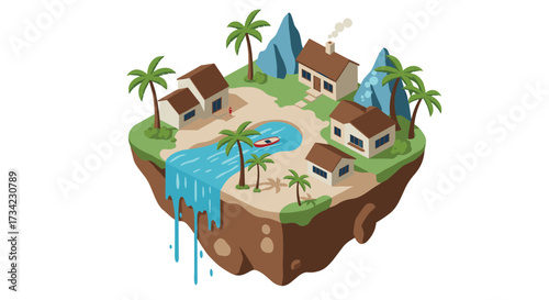 Floating island with tropical village and waterfall in isometric style