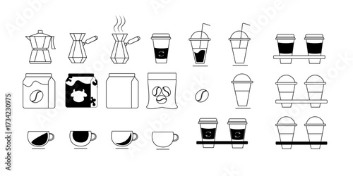 Minimal line art coffee icons set in vector style, featuring moka pot, takeaway cups, coffee beans, milk and mugs. Perfect for cafe branding, packaging design, menus, web, and digital illustrations.