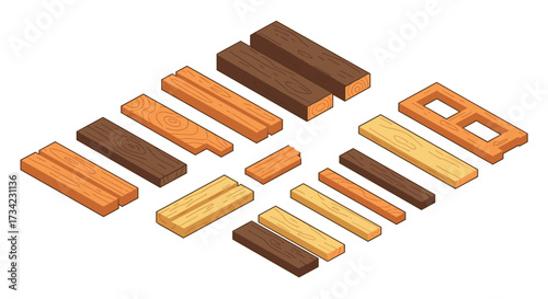 Isometric wooden planks and blocks set in various shades and textures
