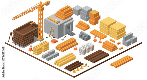 Comprehensive isometric construction materials and equipment layout with crane and safety gear