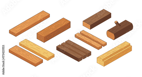 Wood planks and logs collection in isometric style for diy projects
