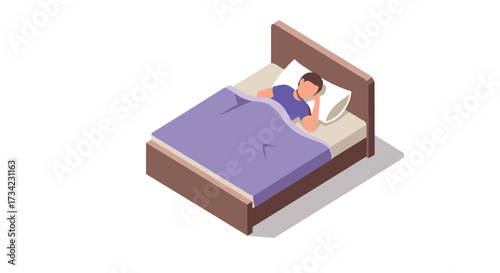 Isometric sleeping person in bed with purple blanket on white background