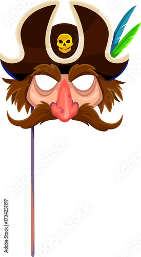Caribbean pirate face in tricorn hat photo booth mask. Buccaneer skipper, Caribbean pirate bandit vector mask. Kids photo booth prop with corsair mustached face, skull, parrot feather on tricorn hat