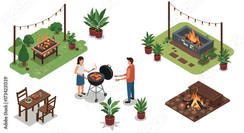Isometric backyard bbq scene with grilling couple and outdoor fire pits
