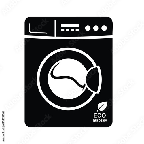 Modern front-loading washing machine with eco mode indicator in a contemporary laundry room setting