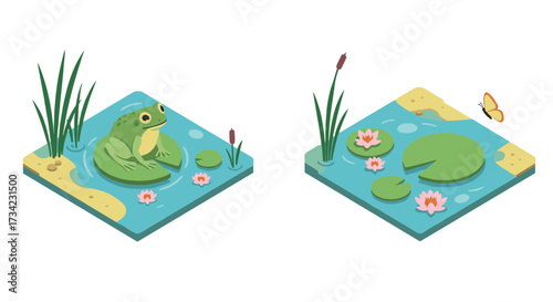 Isometric nature scenes with frog and lily pads in a tranquil pond setting