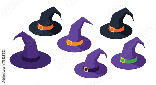 Colorful halloween witch hats with buckles in isometric style