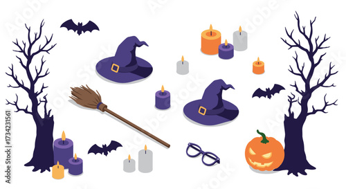 Halloween essentials: witch hats, bats, candles, and pumpkins in isometric style