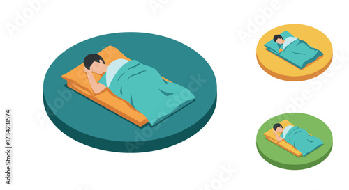 Isometric sleep icon set person resting on mattress in multiple color variations