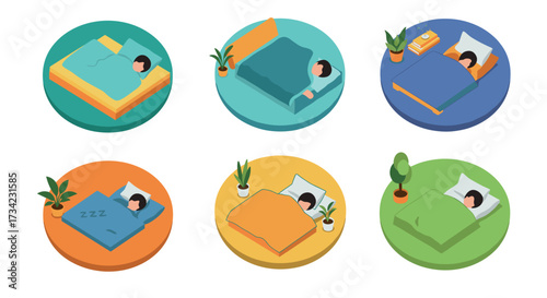 Isometric sleeping icons cozy beds and serene sleep in circular designs