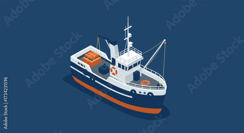 Minimalist isometric fishing vessel on ocean blue background