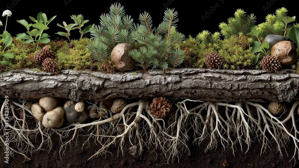 Evergreen Roots Root system concept ,Forest floor cross section with roots, moss ...