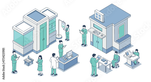 Modern isometric medical facility with professionals and equipment
