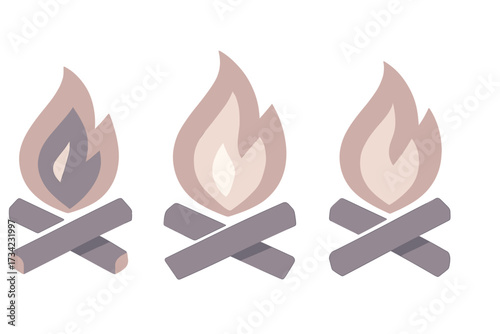 Three stylized campfires with burning logs and warm flames for outdoor adventure and relaxation